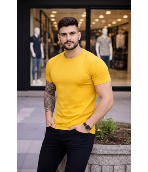 Erkek T-Shirt Bisiklet Yaka Slim Fit Dar Kesim Likralı Tişört Günlük Basic Body - Sarı