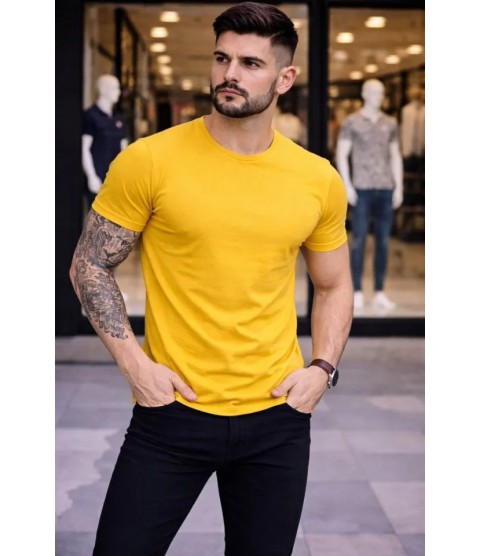 Erkek T-Shirt Bisiklet Yaka Slim Fit Dar Kesim Likralı Tişört Günlük Basic Body - Sarı