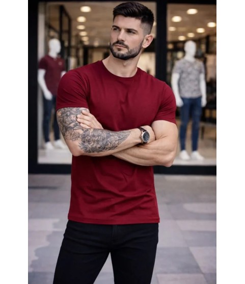 Erkek T-Shirt Bisiklet Yaka Slim Fit Dar Kesim Likralı Tişört Günlük Basic Body - Bordo