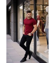 Erkek T-Shirt Bisiklet Yaka Slim Fit Dar Kesim Likralı Tişört Günlük Basic Body - Bordo