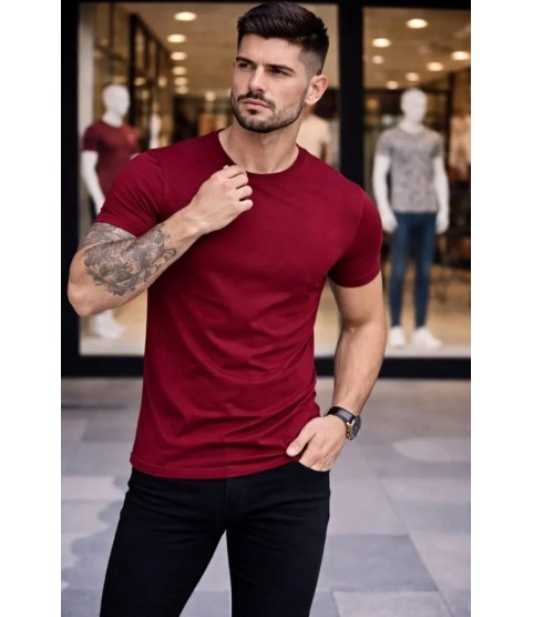 Erkek T-Shirt Bisiklet Yaka Slim Fit Dar Kesim Likralı Tişört Günlük Basic Body - Bordo