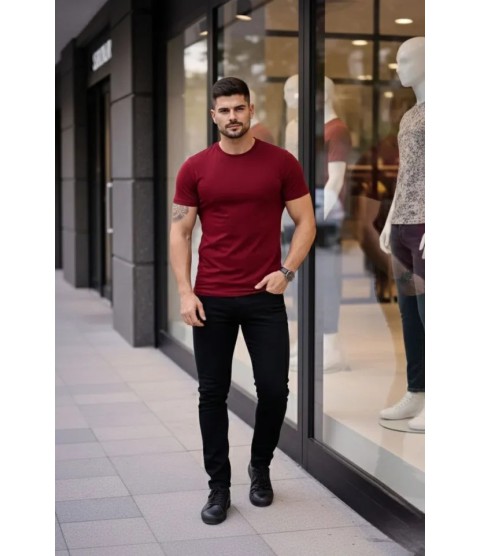 Erkek T-Shirt Bisiklet Yaka Slim Fit Dar Kesim Likralı Tişört Günlük Basic Body - Bordo