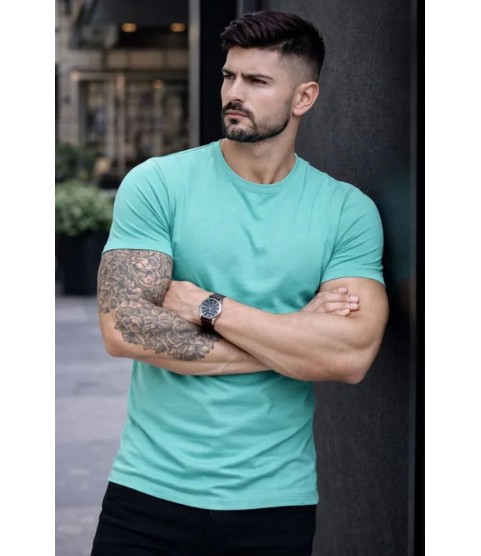 Erkek T-Shirt Bisiklet Yaka Slim Fit Dar Kesim Likralı Tişört Günlük Basic Body - Turkuvaz