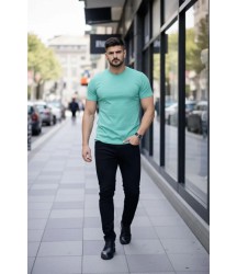 Erkek T-Shirt Bisiklet Yaka Slim Fit Dar Kesim Likralı Tişört Günlük Basic Body - Turkuvaz