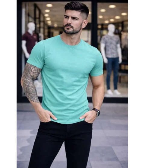 Erkek T-Shirt Bisiklet Yaka Slim Fit Dar Kesim Likralı Tişört Günlük Basic Body - Turkuvaz