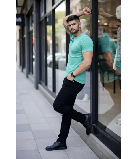 Erkek T-Shirt Bisiklet Yaka Slim Fit Dar Kesim Likralı Tişört Günlük Basic Body - Turkuvaz