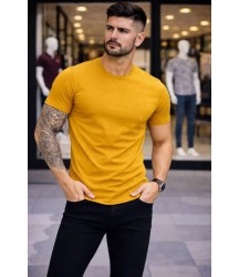 Erkek T-Shirt Bisiklet Yaka Slim Fit Dar Kesim Likralı Tişört Günlük Basic Body - Limon
