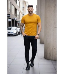 Erkek T-Shirt Bisiklet Yaka Slim Fit Dar Kesim Likralı Tişört Günlük Basic Body - Limon