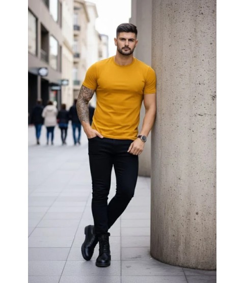 Erkek T-Shirt Bisiklet Yaka Slim Fit Dar Kesim Likralı Tişört Günlük Basic Body - Limon
