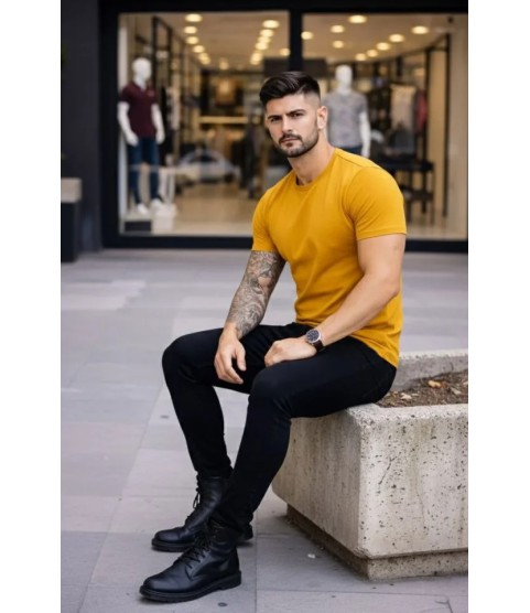 Erkek T-Shirt Bisiklet Yaka Slim Fit Dar Kesim Likralı Tişört Günlük Basic Body - Limon