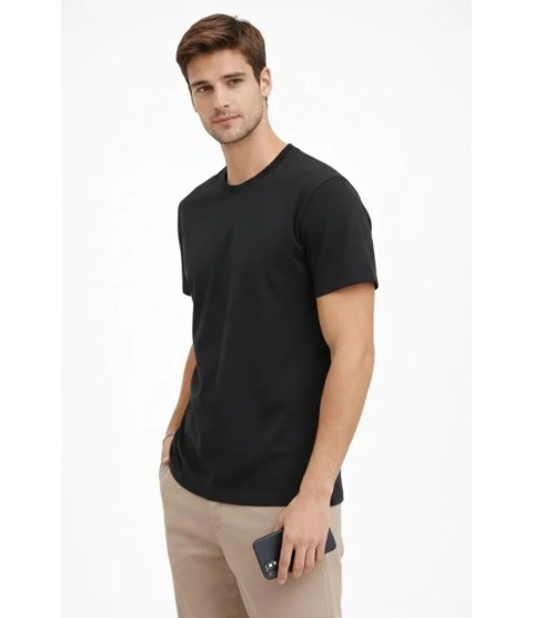 Erkek Bisiklet Yaka Tişört Regular Kalıp Basic Pamuklu Günlük Kullanım T-shirt - Siyah