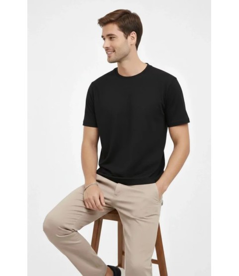 Erkek Bisiklet Yaka Tişört Regular Kalıp Basic Pamuklu Günlük Kullanım T-shirt - Siyah
