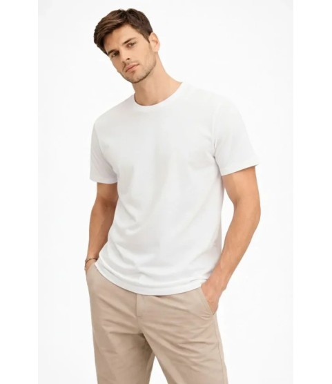 Erkek Bisiklet Yaka Tişört Regular Kalıp Basic Pamuklu Günlük Kullanım T-shirt - Beyaz