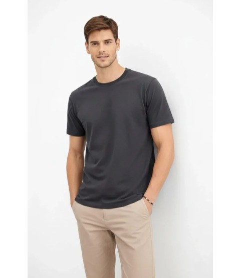 Erkek Bisiklet Yaka Tişört Regular Kalıp Basic Pamuklu Günlük Kullanım T-shirt - Füme