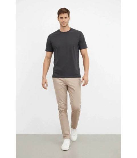 Erkek Bisiklet Yaka Tişört Regular Kalıp Basic Pamuklu Günlük Kullanım T-shirt - Füme