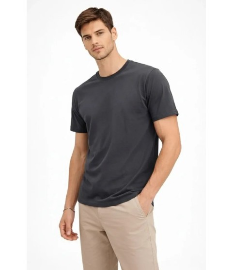 Erkek Bisiklet Yaka Tişört Regular Kalıp Basic Pamuklu Günlük Kullanım T-shirt - Füme