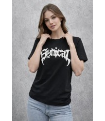 Bisiklet Yaka Ön Baskılı  Kısa Kollu Tişört Streetwear Günlük Basic Pamuklu T-shirt - Siyah