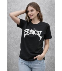 Bisiklet Yaka Ön Baskılı  Kısa Kollu Tişört Streetwear Günlük Basic Pamuklu T-shirt - Siyah