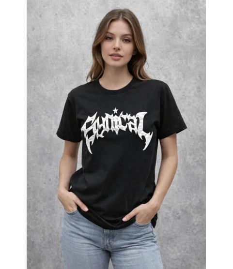 Bisiklet Yaka Ön Baskılı  Kısa Kollu Tişört Streetwear Günlük Basic Pamuklu T-shirt - Siyah