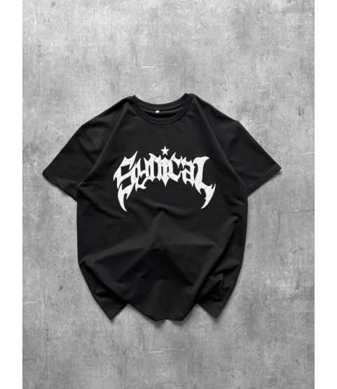 Bisiklet Yaka Ön Baskılı  Kısa Kollu Tişört Streetwear Günlük Basic Pamuklu T-shirt - Siyah