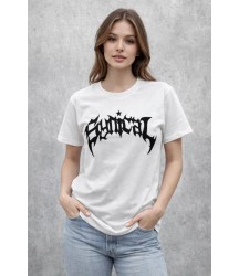 Bisiklet Yaka Ön Baskılı Kısa Kollu Tişört Streetwear Günlük Basic Pamuklu T-shirt - Beyaz