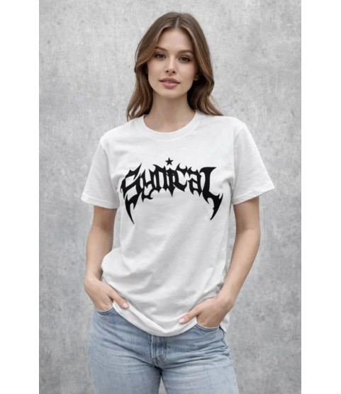 Bisiklet Yaka Ön Baskılı Kısa Kollu Tişört Streetwear Günlük Basic Pamuklu T-shirt - Beyaz