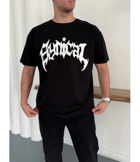 Erkek Bisiklet Yaka Ön Baskılı  Kısa Kollu Tişört Streetwear Günlük Basic Pamuklu T-shirt - Siyah