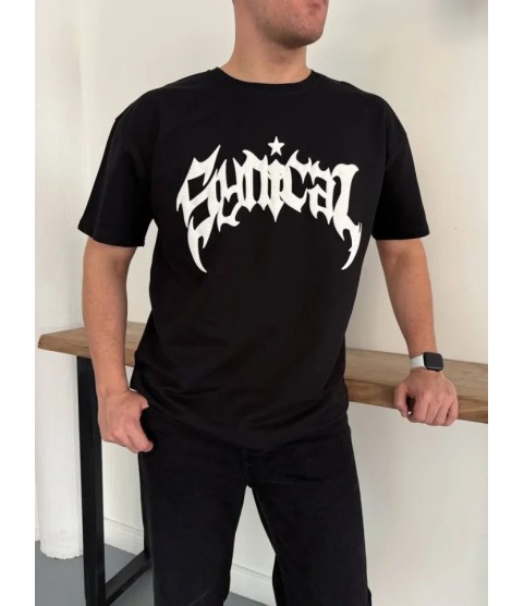 Erkek Bisiklet Yaka Ön Baskılı  Kısa Kollu Tişört Streetwear Günlük Basic Pamuklu T-shirt - Siyah