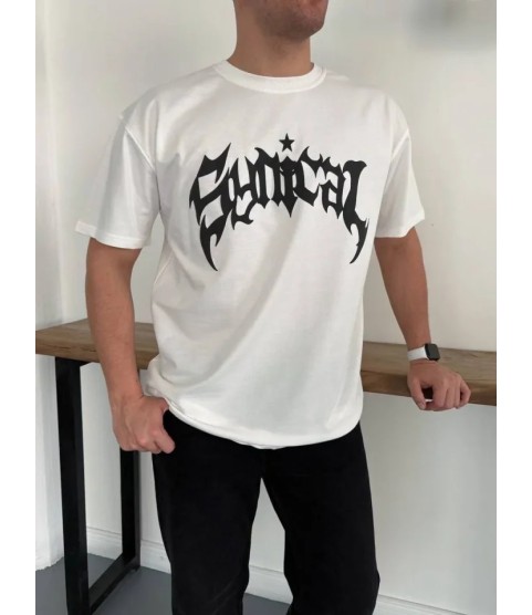 Erkek Bisiklet Yaka Ön Baskılı Kısa Kollu Tişört Streetwear Günlük Basic Pamuklu T-shirt - Beyaz
