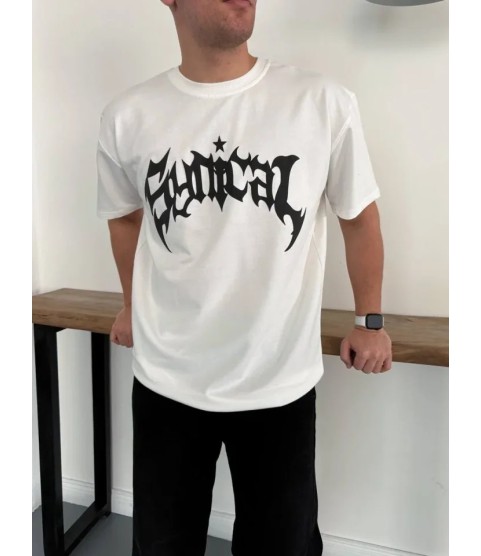 Erkek Bisiklet Yaka Ön Baskılı Kısa Kollu Tişört Streetwear Günlük Basic Pamuklu T-shirt - Beyaz