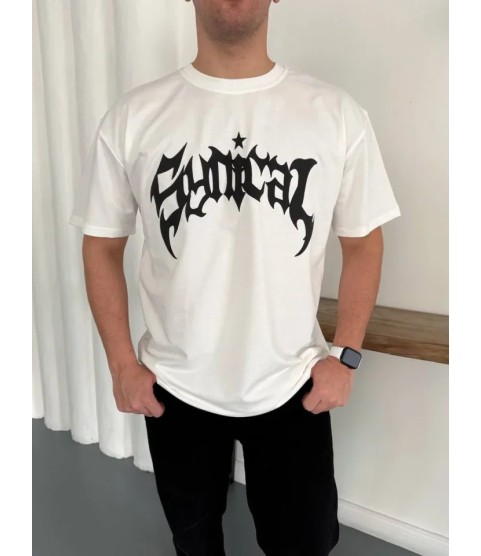 Erkek Bisiklet Yaka Ön Baskılı Kısa Kollu Tişört Streetwear Günlük Basic Pamuklu T-shirt - Beyaz