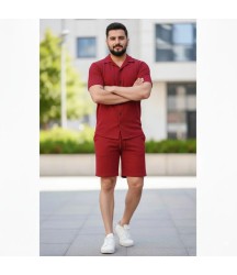Erkek Waffle Kumaş Kısa Kollu Gömlek Şort Takım Regular Fit Yazlık İkili Set - Bordo