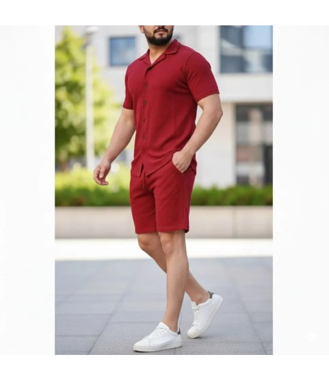 Erkek Waffle Kumaş Kısa Kollu Gömlek Şort Takım Regular Fit Yazlık İkili Set - Bordo