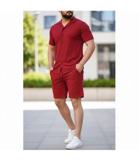 Erkek Waffle Kumaş Kısa Kollu Gömlek Şort Takım Regular Fit Yazlık İkili Set - Bordo