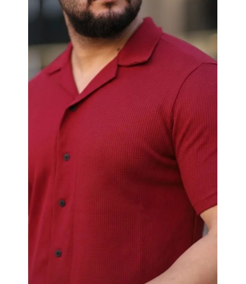 Erkek Waffle Kumaş Kısa Kollu Gömlek Şort Takım Regular Fit Yazlık İkili Set - Bordo