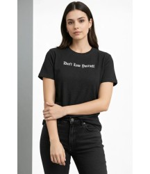 Wafıl Kumaş Tişört Regular Kalıp Bisiklet Yaka Baskılı Günlük Basic T-Shirt - Siyah