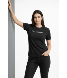 Wafıl Kumaş Tişört Regular Kalıp Bisiklet Yaka Baskılı Günlük Basic T-Shirt - Siyah