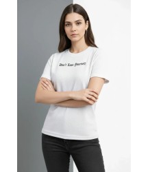 Wafıl Kumaş Tişört Regular Kalıp Bisiklet Yaka Baskılı Günlük Basic T-Shirt - Beyaz