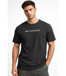 Erkek Wafıl Kumaş Tişört Regular Kalıp Bisiklet Yaka Baskılı Günlük Basic T-Shirt - Siyah