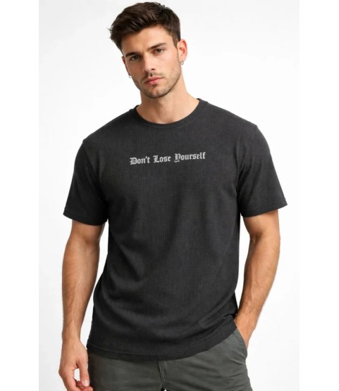 Erkek Wafıl Kumaş Tişört Regular Kalıp Bisiklet Yaka Baskılı Günlük Basic T-Shirt - Siyah