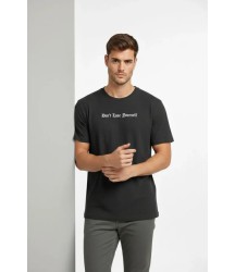 Erkek Wafıl Kumaş Tişört Regular Kalıp Bisiklet Yaka Baskılı Günlük Basic T-Shirt - Siyah