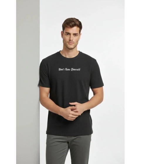 Erkek Wafıl Kumaş Tişört Regular Kalıp Bisiklet Yaka Baskılı Günlük Basic T-Shirt - Siyah