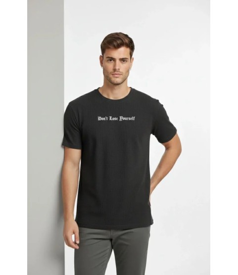 Erkek Wafıl Kumaş Tişört Regular Kalıp Bisiklet Yaka Baskılı Günlük Basic T-Shirt - Siyah