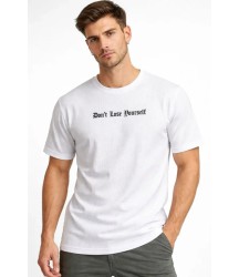 Erkek Wafıl Kumaş Tişört Regular Kalıp Bisiklet Yaka Baskılı Günlük Basic T-Shirt - Beyaz