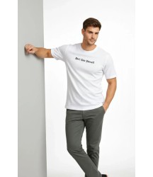 Erkek Wafıl Kumaş Tişört Regular Kalıp Bisiklet Yaka Baskılı Günlük Basic T-Shirt - Beyaz