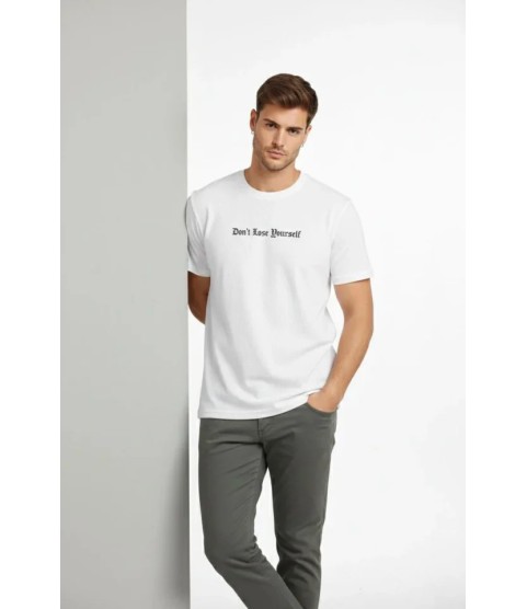 Erkek Wafıl Kumaş Tişört Regular Kalıp Bisiklet Yaka Baskılı Günlük Basic T-Shirt - Beyaz