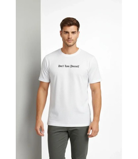 Erkek Wafıl Kumaş Tişört Regular Kalıp Bisiklet Yaka Baskılı Günlük Basic T-Shirt - Beyaz