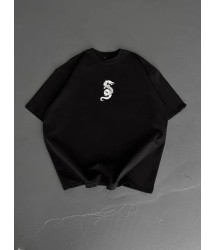 Baskılı Oversize Bisiklet Yaka T-shirt - Siyah