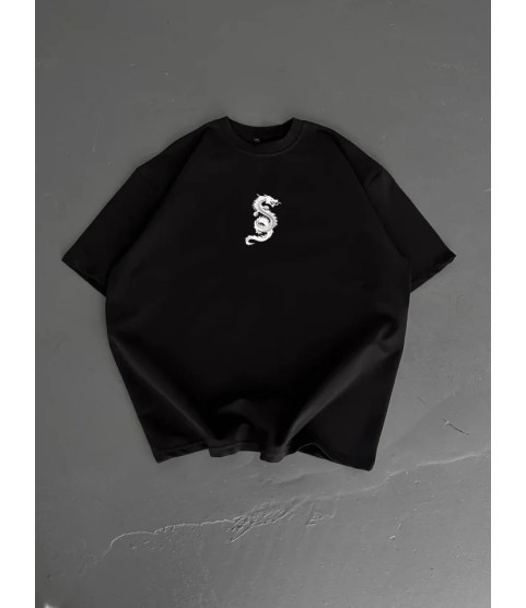 Baskılı Oversize Bisiklet Yaka T-shirt - Siyah
