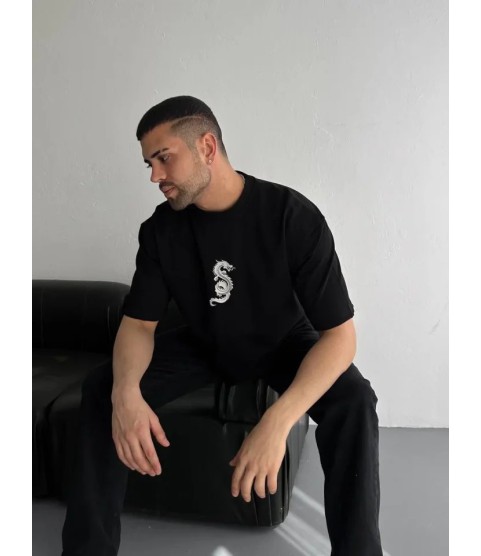 Baskılı Oversize Bisiklet Yaka T-shirt - Siyah